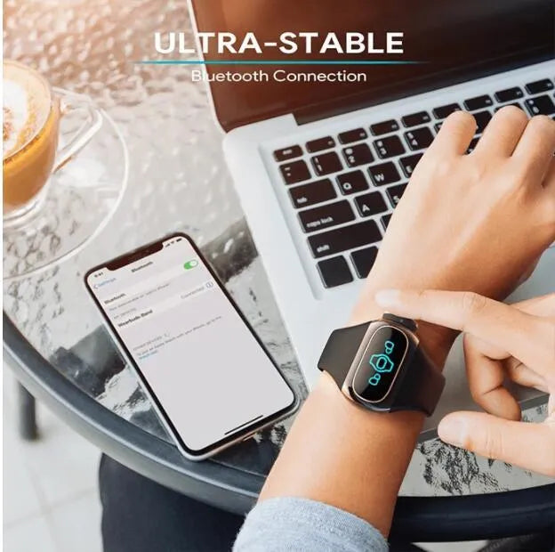 2 in 1 wireless earphone bracelet in black with silicone band and earbuds on wrist
