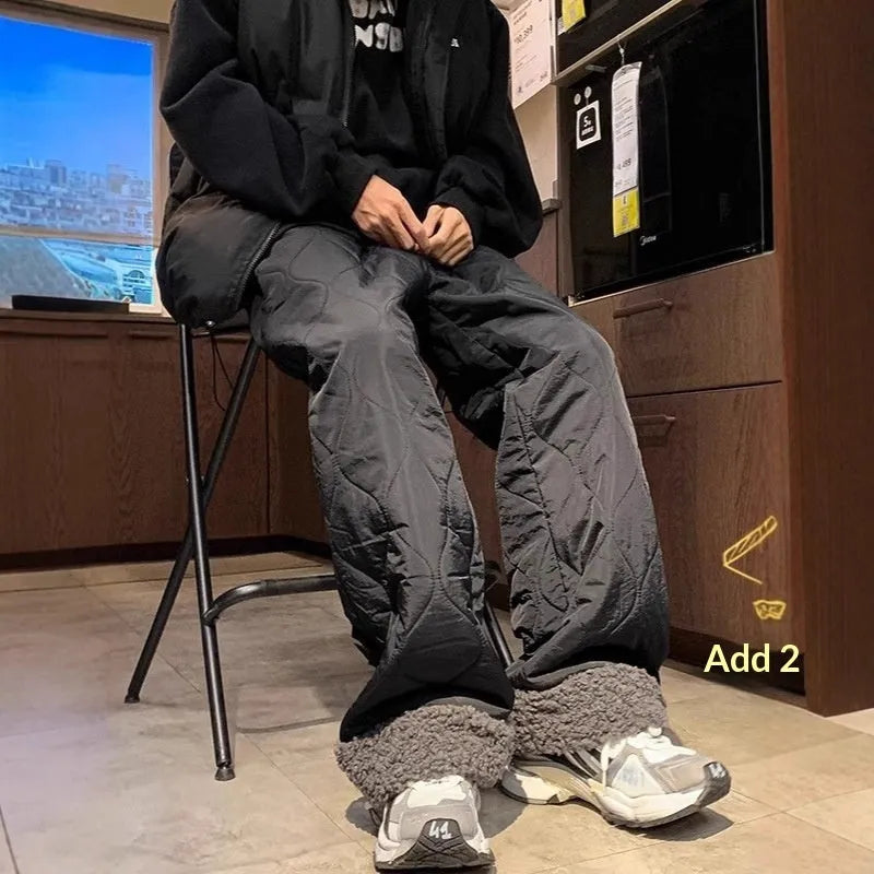 Men's fleece-lined down pants in black with mid-rise waist and drawstring closure