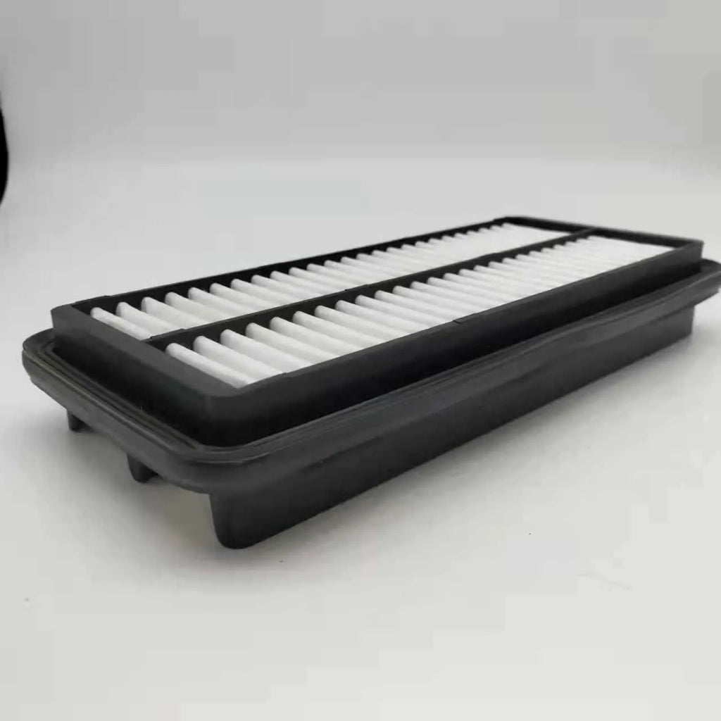 Black rectangular car air filter measuring 256mm by 113mm by 40mm dimensions