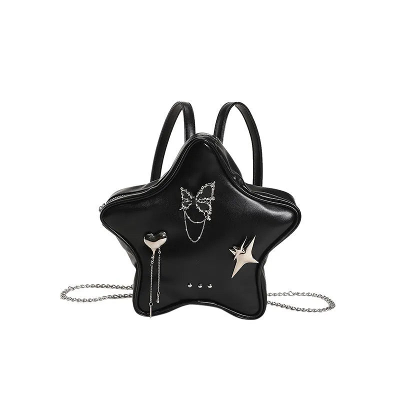 Black street-style PU leather backpack with a metal butterfly pendant and chain trim.