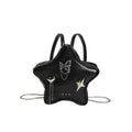 Black street-style PU leather backpack with a metal butterfly pendant and chain trim.