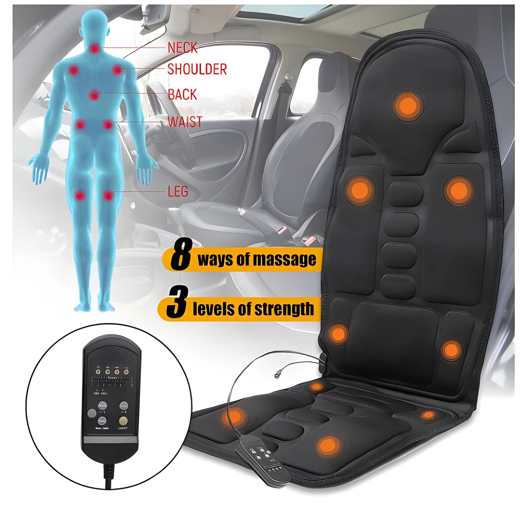 Multi-function folding massage pad for car and home with heat, 8 modes, and hand controller