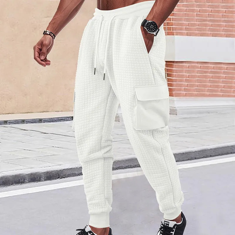 Men's thickened jacquard small check sweatpants with drawstring waist and belt, loose cargo style