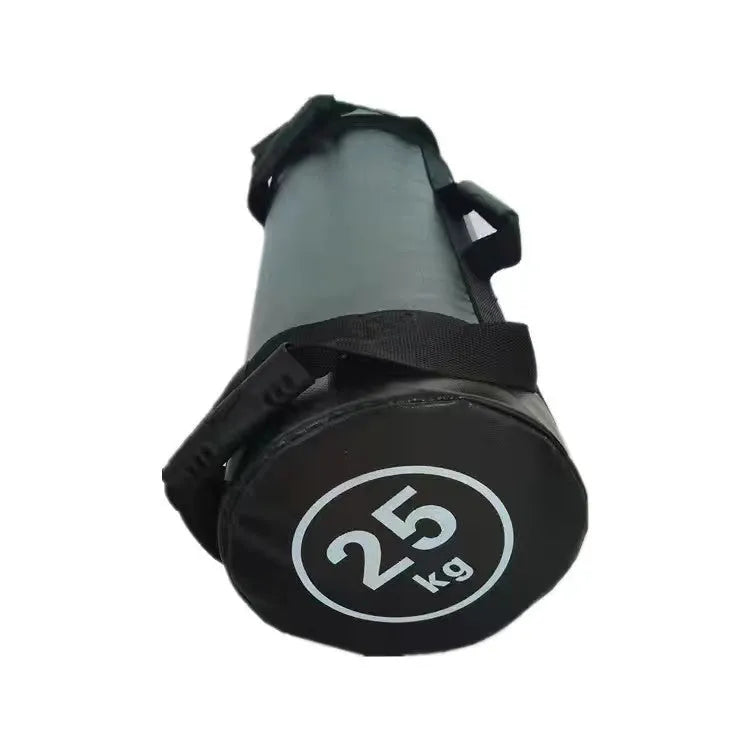 White PVC training sandbag for fitness and weight lifting, shown with weight options from 5KG to 30KG.