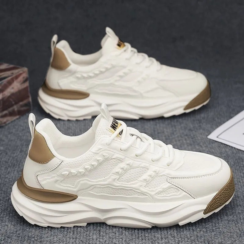 Men's white and black breathable mesh casual shoes with round toe design