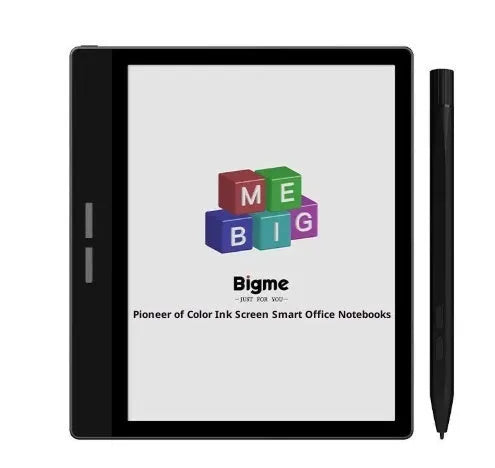 7-inch black colour E-ink e-book reader with capacitive stylus on a desk showing a colour book page