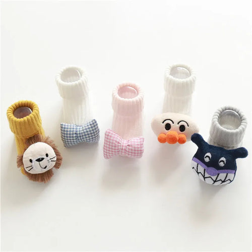 Cotton baby floor socks in multiple designs including panda, bow, and star patterns.