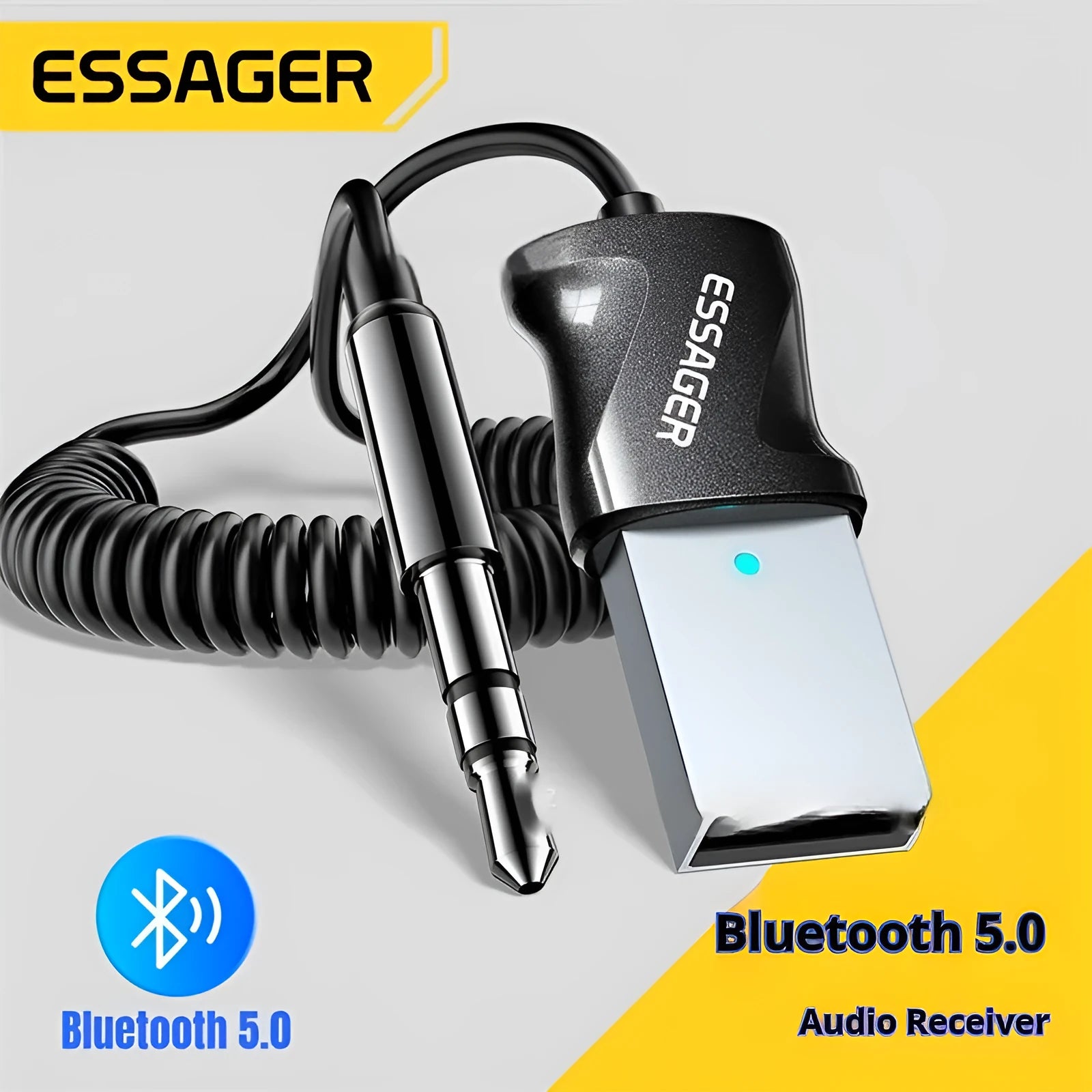 ESSAGER Shadow Arc Bluetooth 5.0 audio receiver in black with TPE spring wire and gold-plated 3.5mm plug