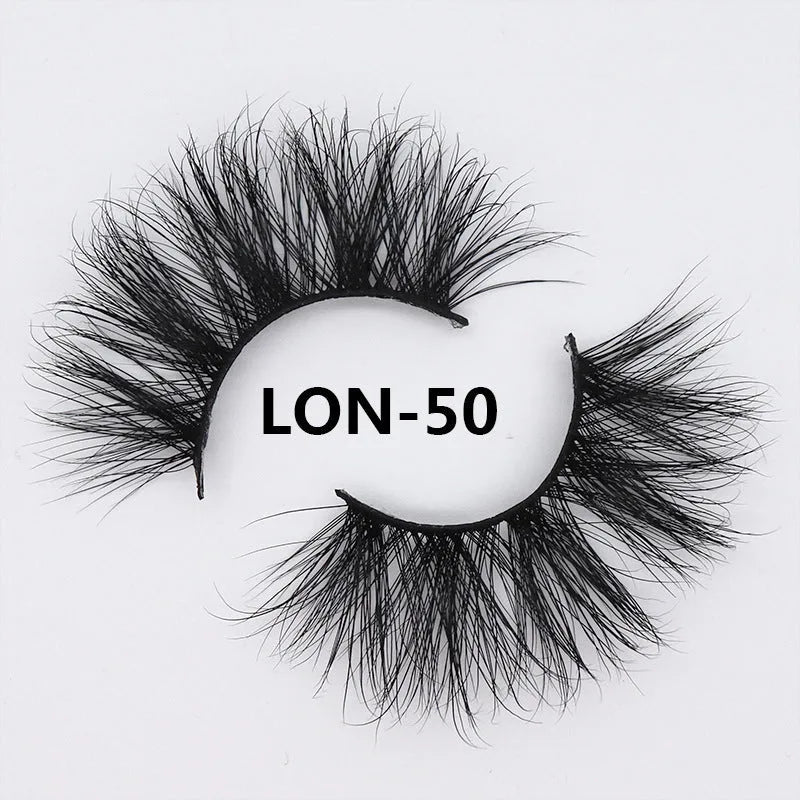 Real mink hair false eyelashes in 25MM3D length with fluffy handmade lash strands on a white background