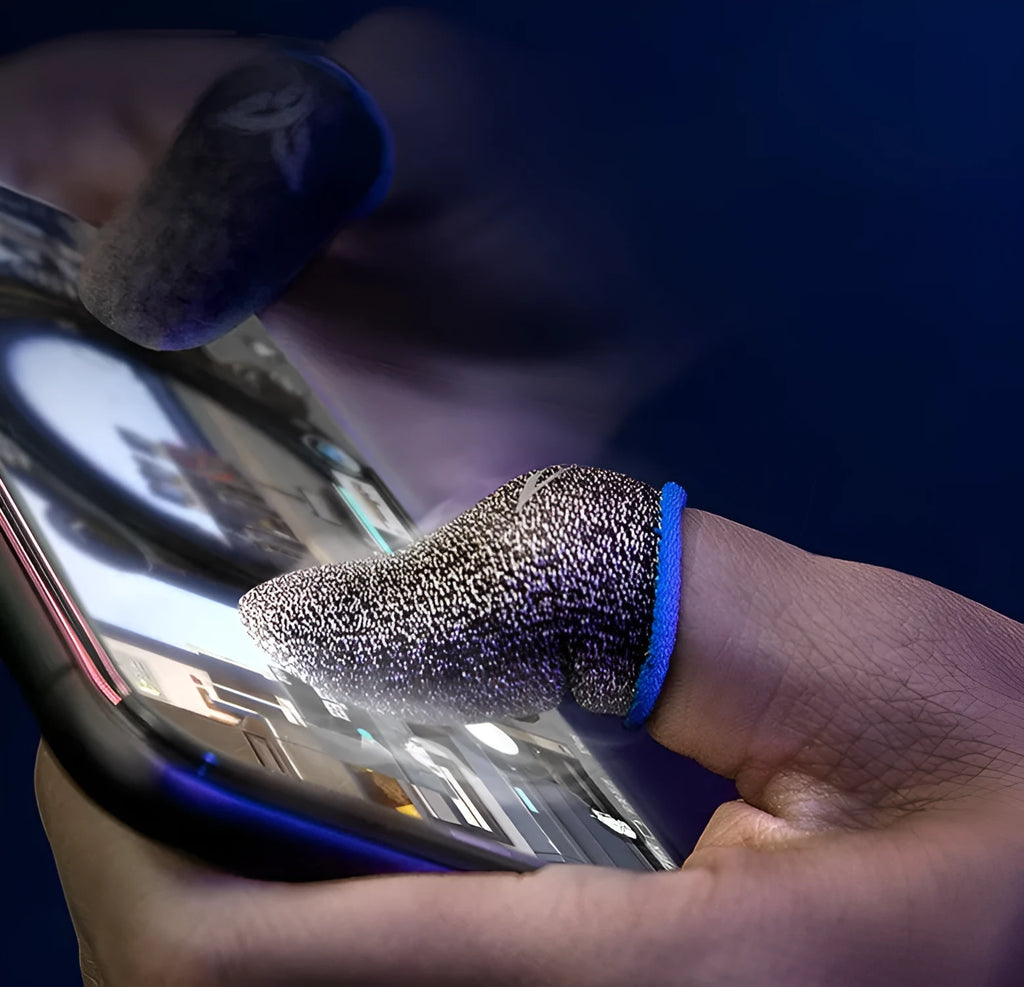 Green gaming thumb sleeve with a reflective logo, made from silver fibre yarn for sweat absorption.