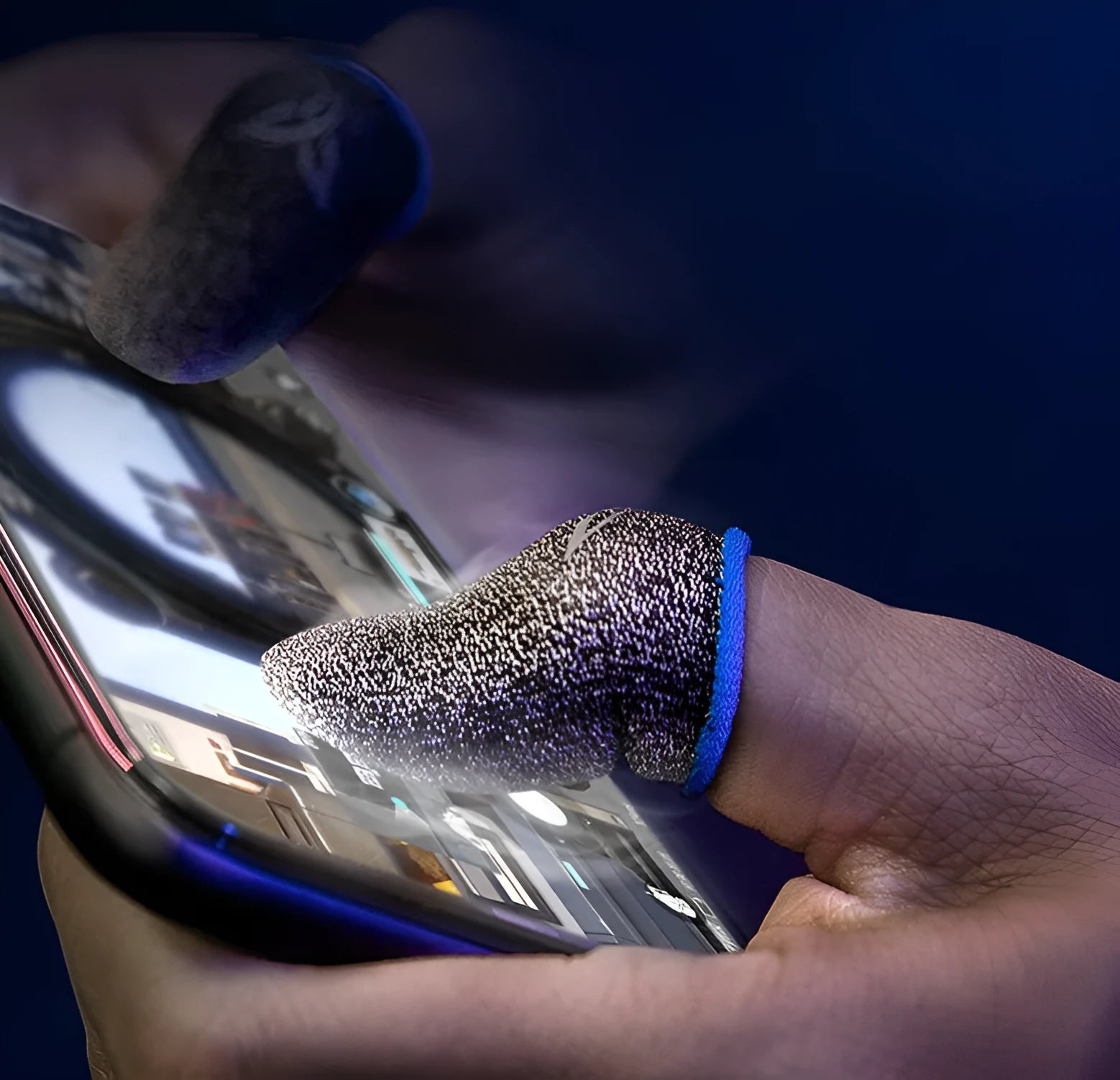 Green gaming thumb sleeve with a reflective logo, made from silver fibre yarn for sweat absorption.