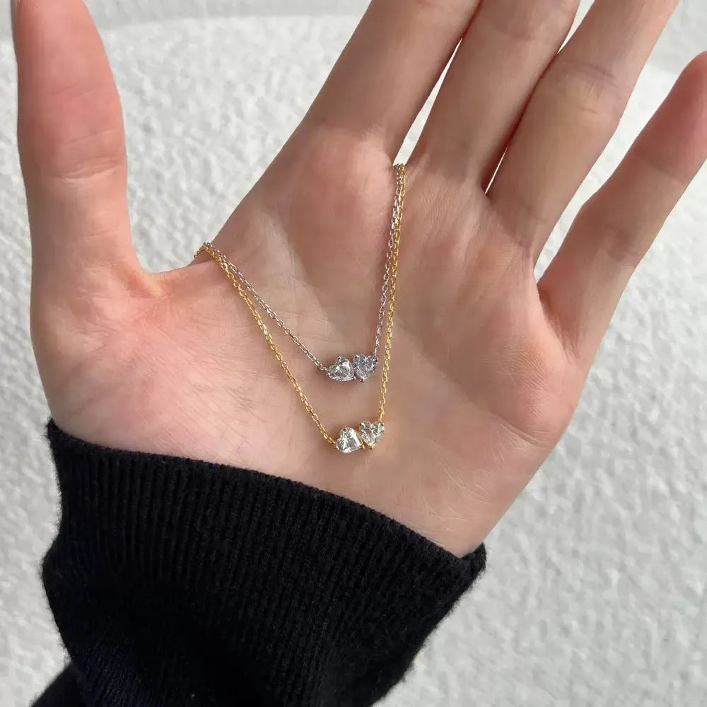 925 silver double love heart pendant necklace electroplated white gold and yellow gold options