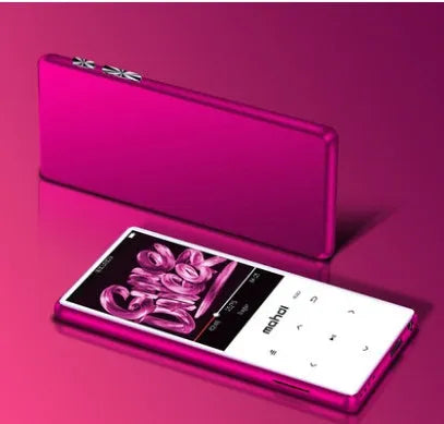 Silver portable MP3 player with a 2.4-inch touch screen showing music playback interface.