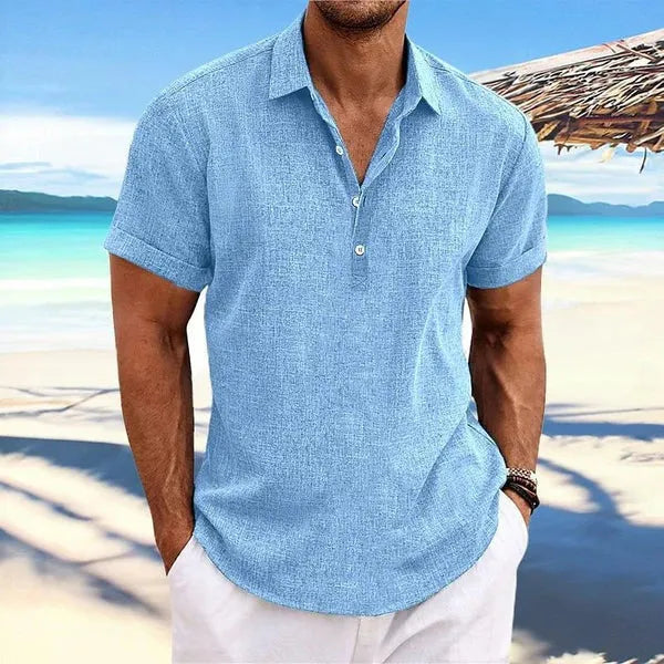 Men's light grey loose fit cotton blend cardigan with long sleeves on a hanger.