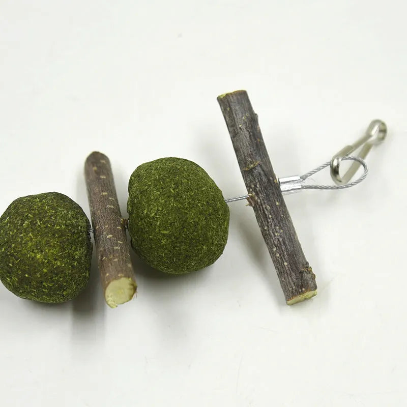 Hanging pet molar string toy with 5 natural grass balls and 6 apple branches for small animals