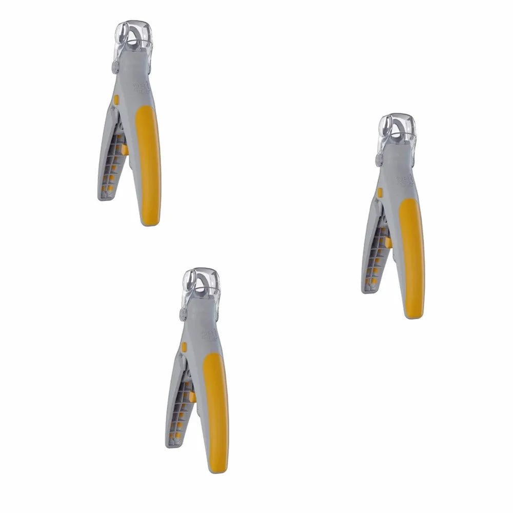 Yellow and grey pet nail clipper with LED light and magnifying glass, 14 cm long