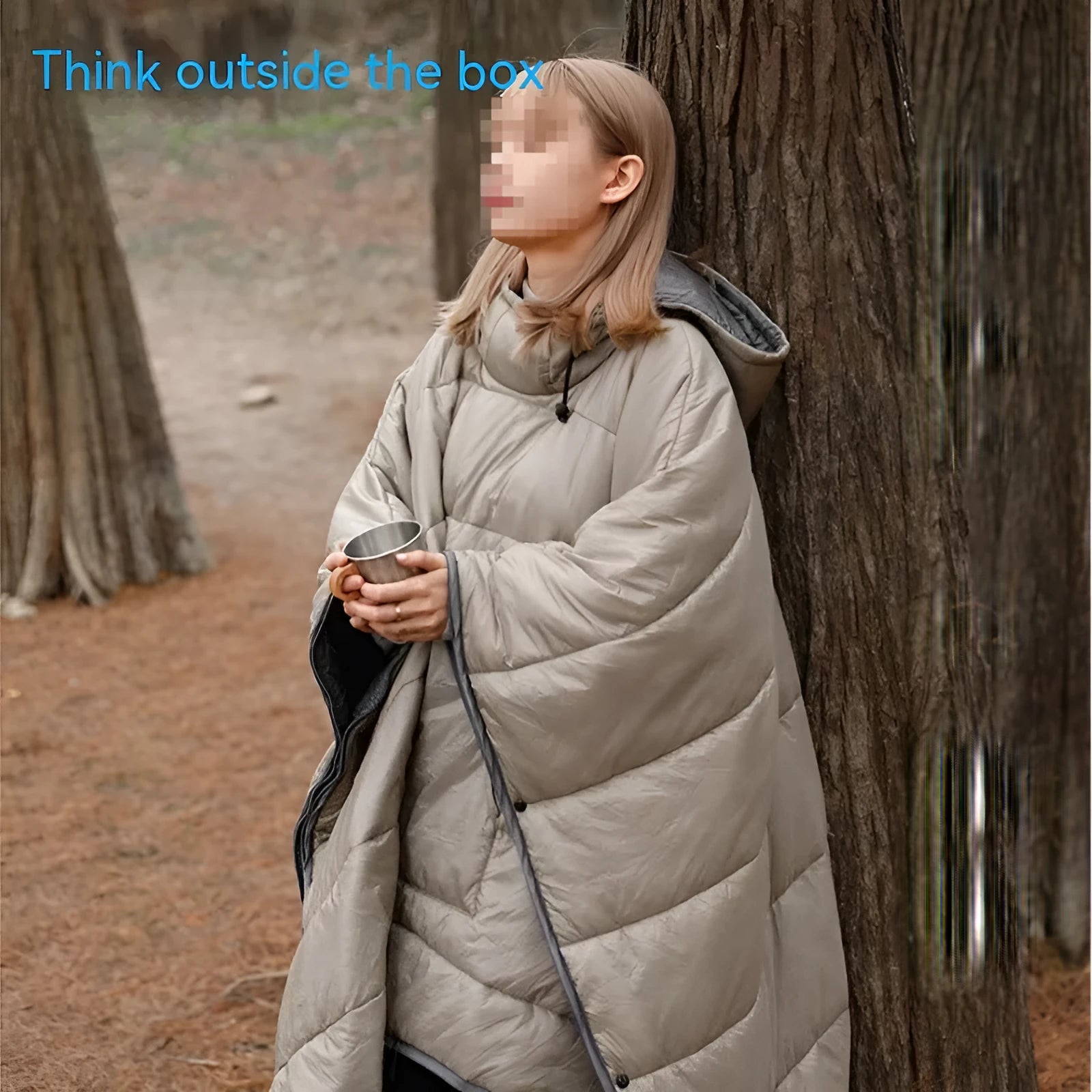 Grey adult outdoor cloak sleeping bag convertible to wearable camping cape with nylon fabric