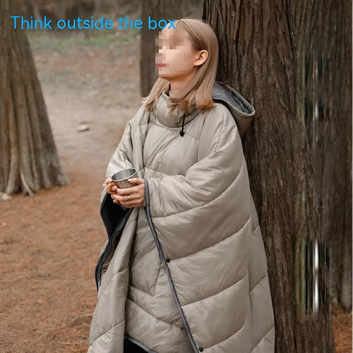 Grey adult outdoor cloak sleeping bag convertible to wearable camping cape with nylon fabric