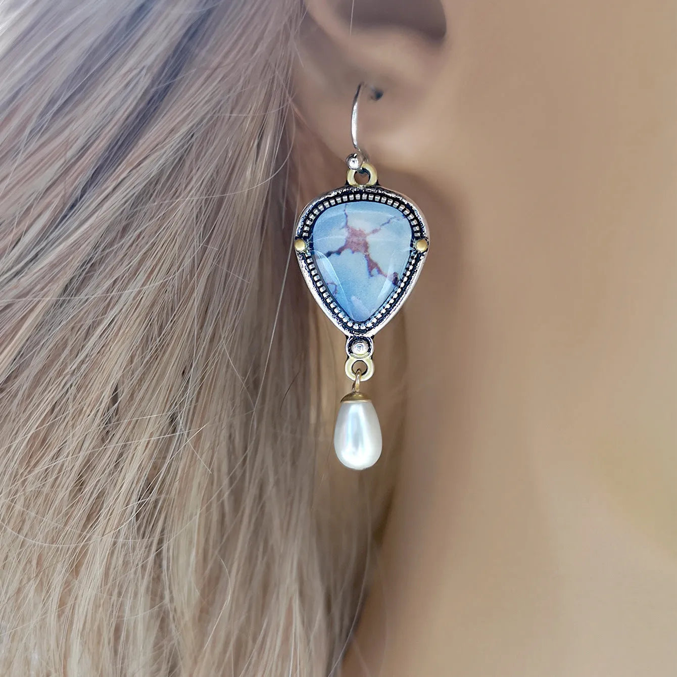 Retro blue Bohemian drop earrings with synthetic opal and pearl stones on geometric metal setting