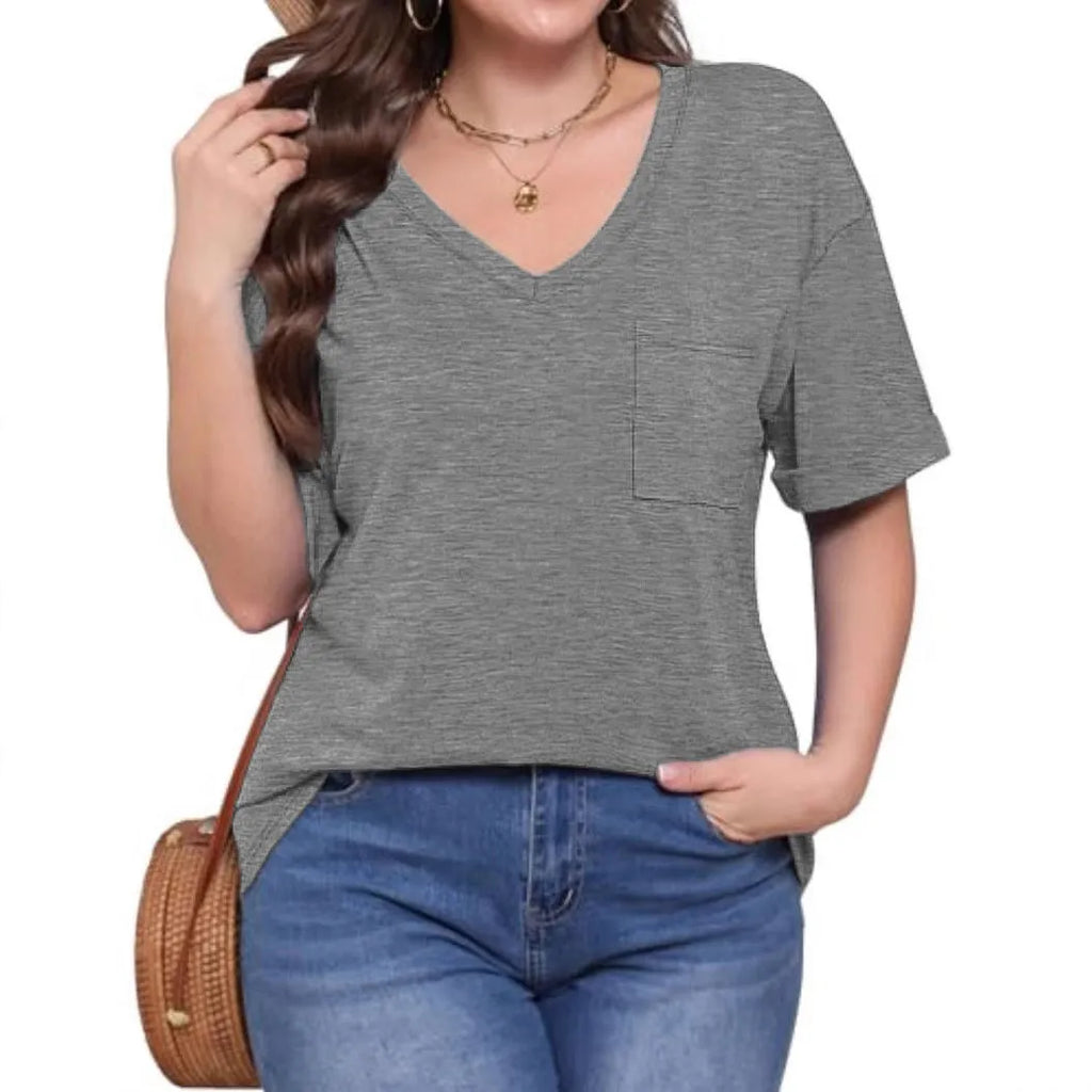 Grey loose fit V-neck T-shirt with a front chest pocket on a hanger.