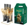 24-piece stainless steel cutlery set with storage rack in a gold finish