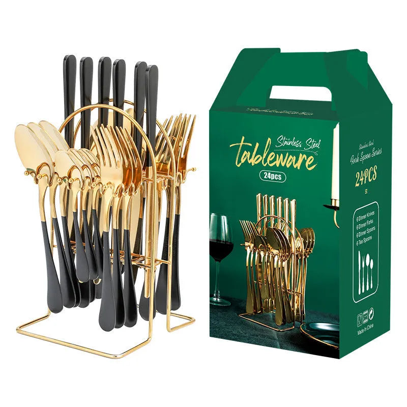 24-piece stainless steel cutlery set with storage rack in a gold finish
