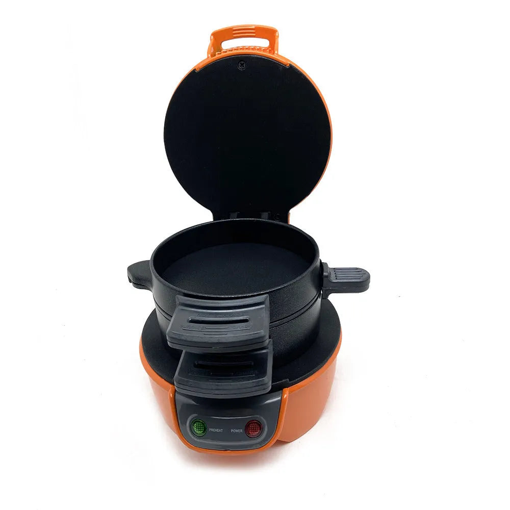 Bright red household breakfast machine with sandwich maker, egg cooker ring, and waffle functions