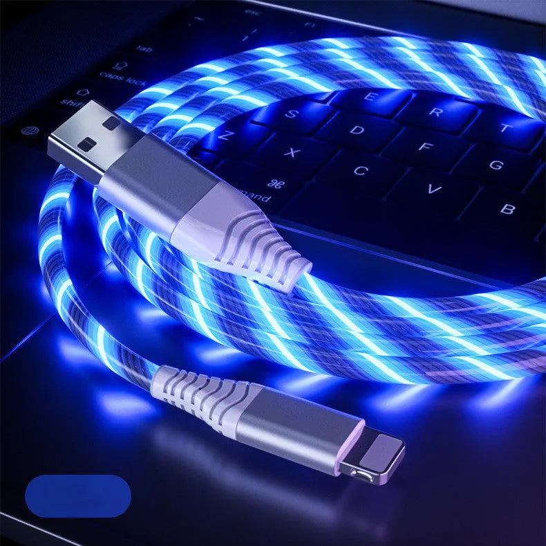 Three-in-one fast charging cable with luminous alloy connectors showing Type-C and Micro USB ends