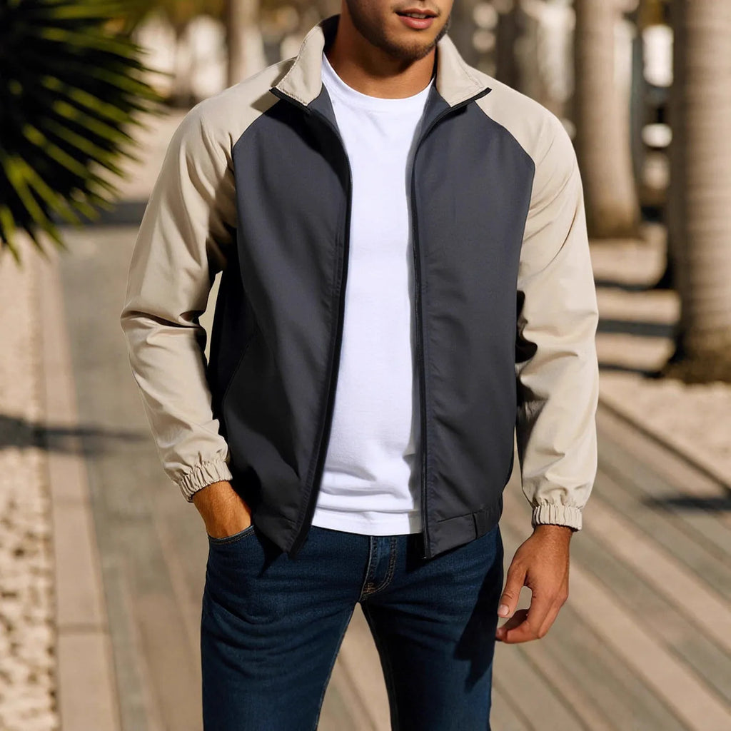 Men's loose fit casual jacket with a stand collar and raglan sleeves in a contrast colour.