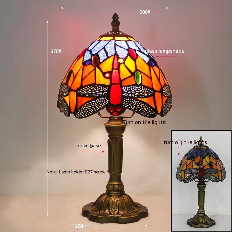 Tiffany style dragonfly stone table lamp in retro European design with coloured dragonfly motifs