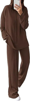 Women's army green polyester long-sleeve tracksuit set with top and pants for sports