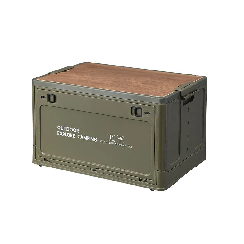 Oversized foldable plastic storage box with wooden lid in Nordic green colour