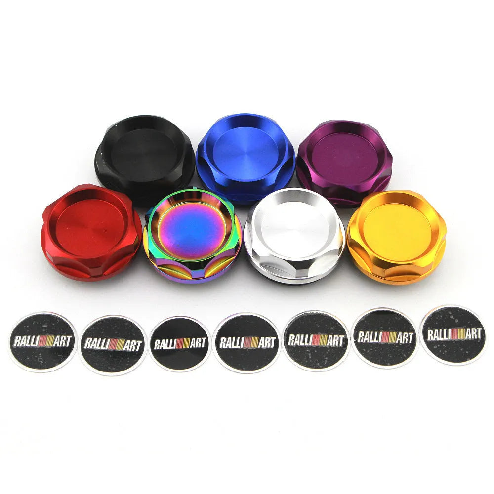 Aluminium alloy oil filter cap for Mitsubishi cars in red, blue, gold, silver, black, and purple colours.
