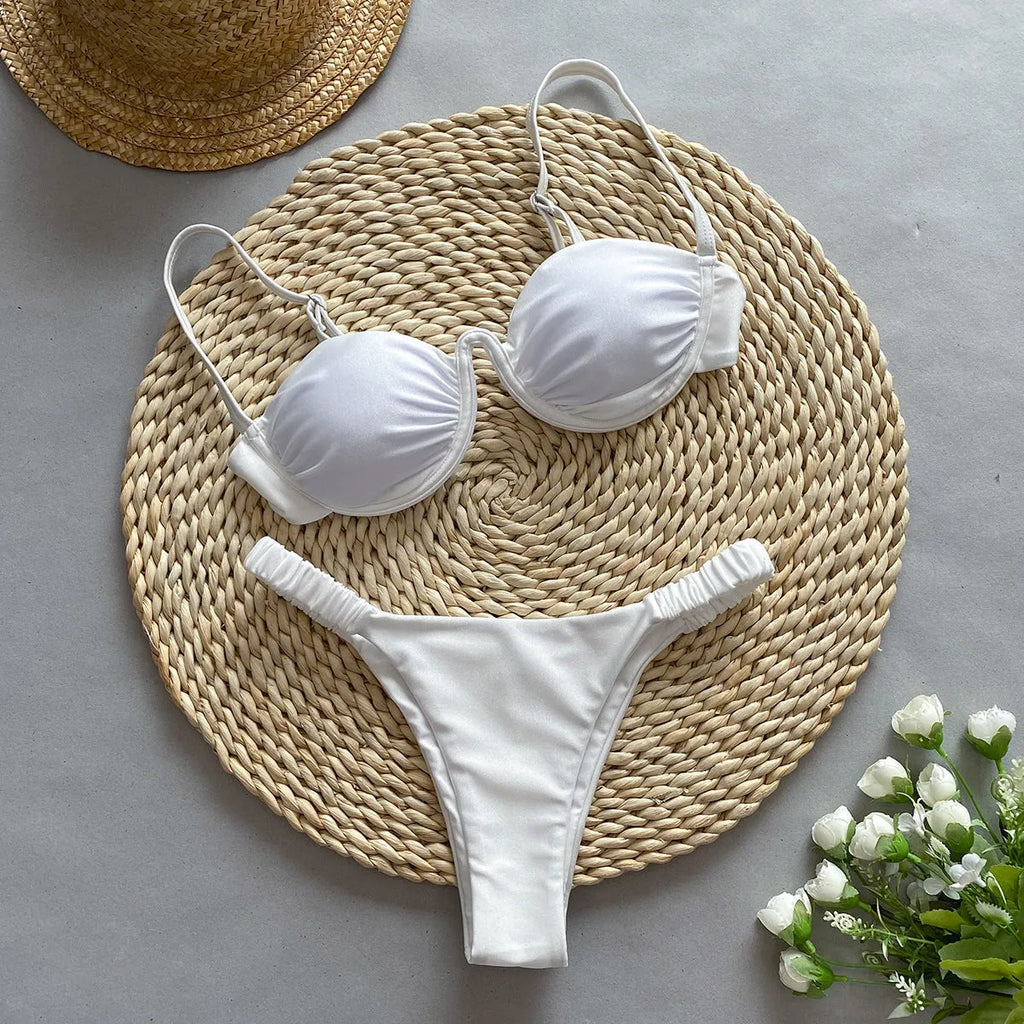European style women's underwire bikini swimsuit in khaki colour with split briefs design
