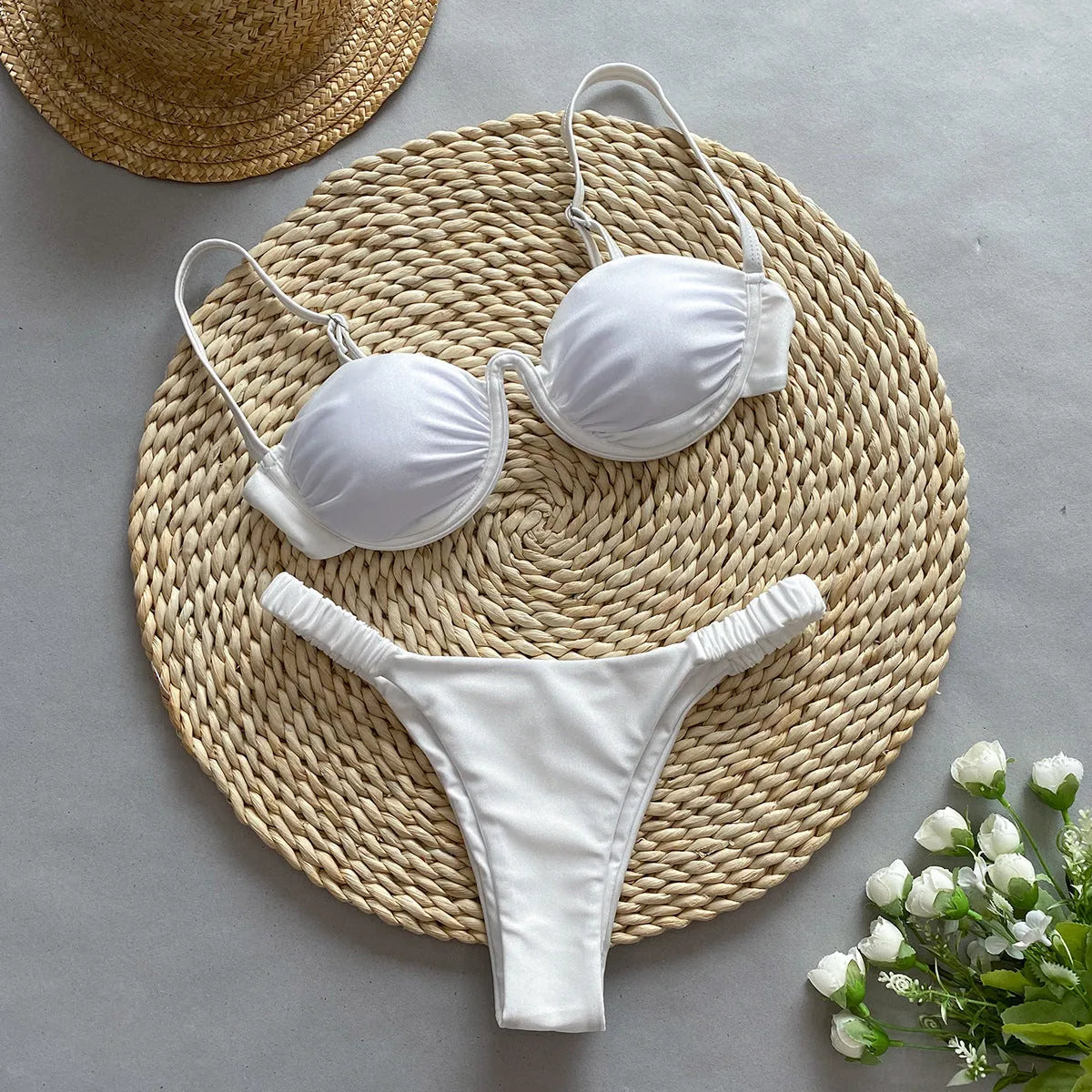 European style women's underwire bikini swimsuit in khaki colour with split briefs design