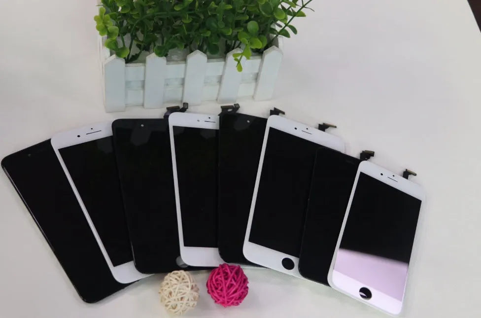 iPhone LCD touch screen replacement kit showing screen, original cover, and disassembly tool