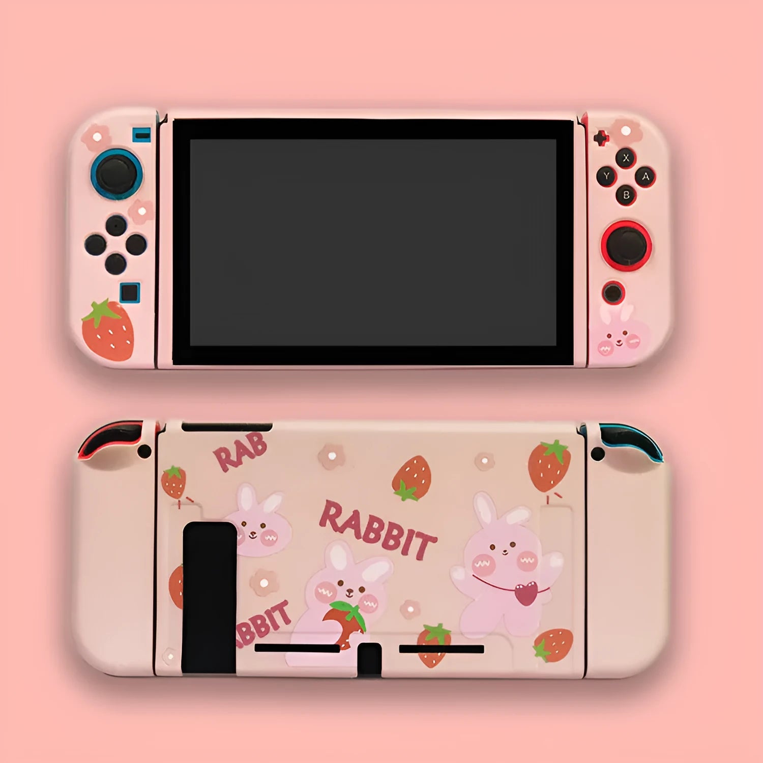 Nintendo Switch silicone protection case showing four colour pattern options and split-shell design