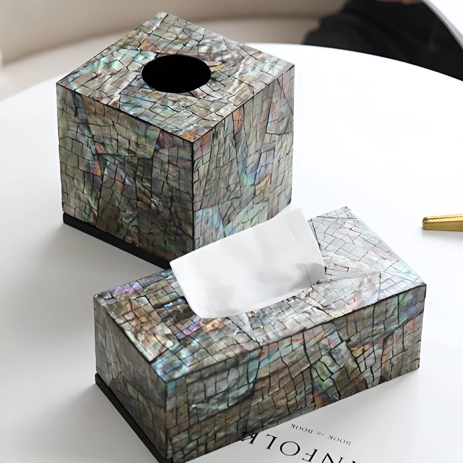 Modern minimalist rectangular shell storage box with removable organiser for tissues and small items.