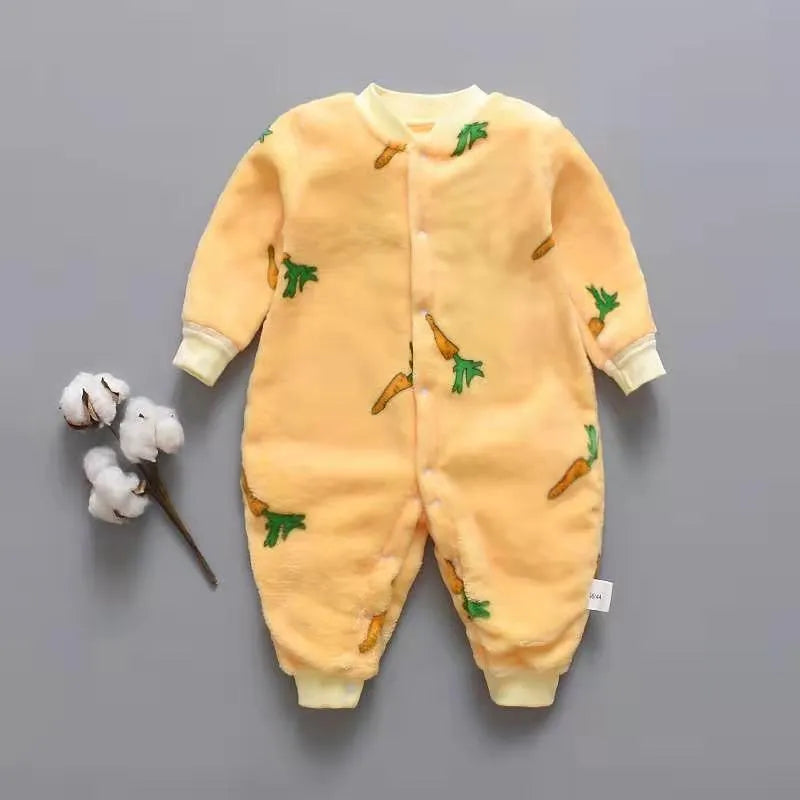 Baby wearing a long sleeve flannel romper with a panda print design