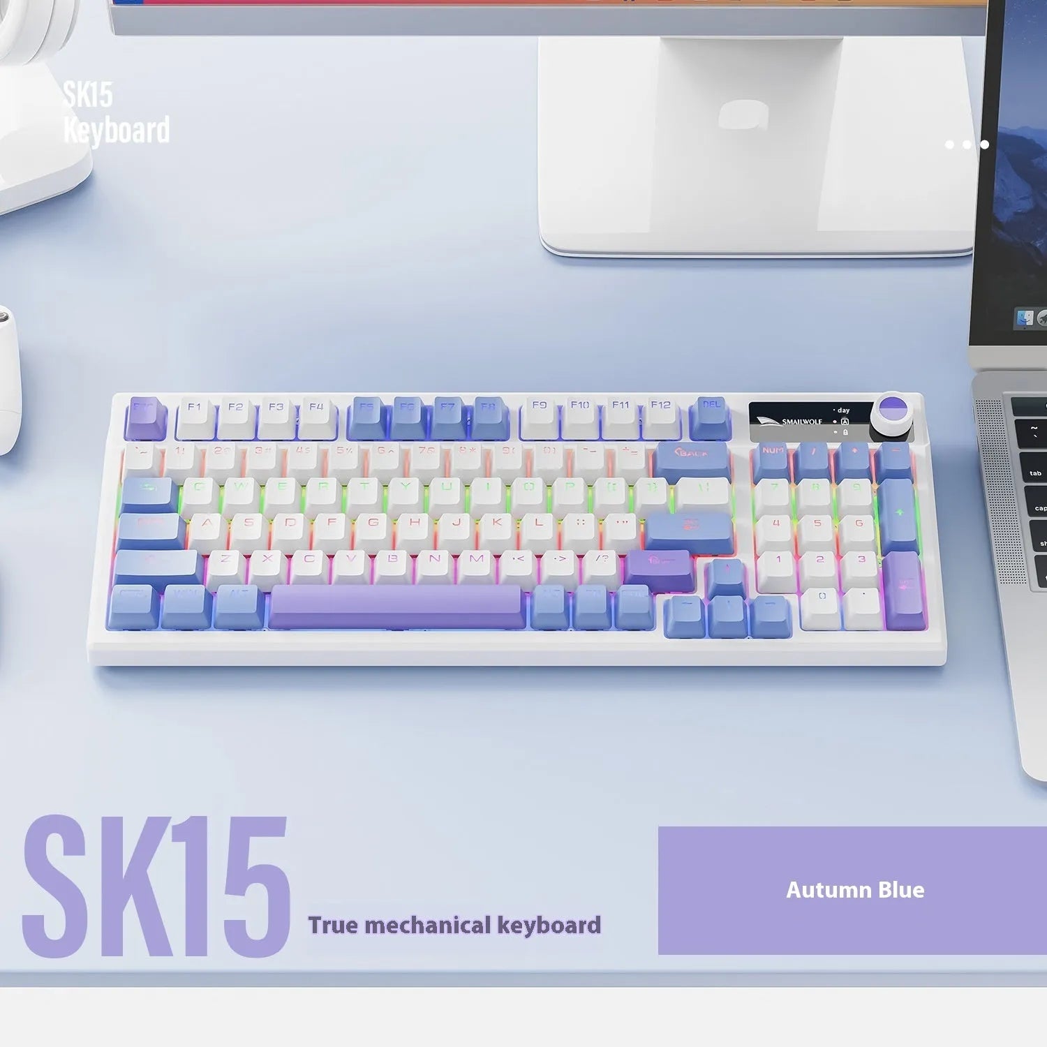 SK15 compact wired mechanical keyboard with mixed light green switches in sunset orange colour