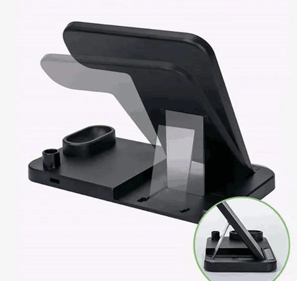 Black 4-in-1 wireless charging station with phone on adjustable stand, Apple Watch, and AirPods charging.