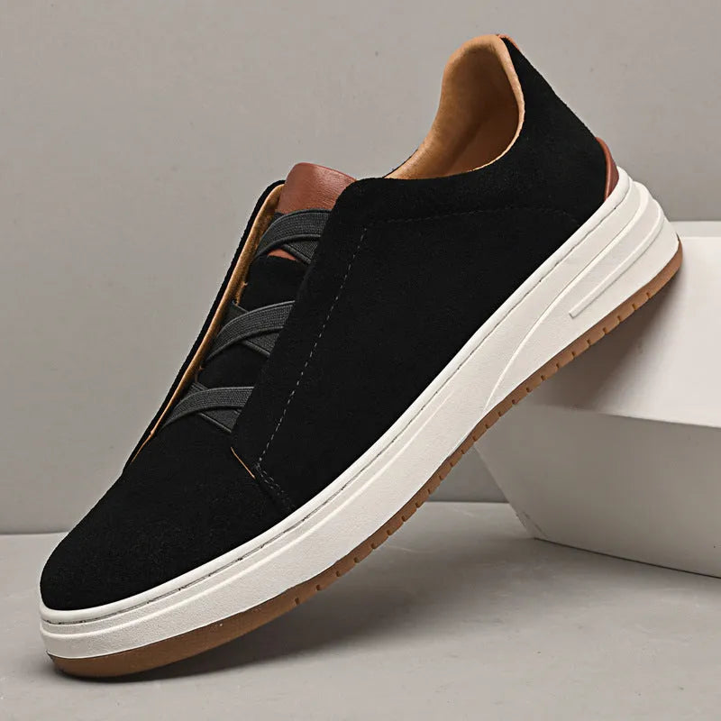 Men's suede casual shoes in khaki with genuine cowhide leather, elastic band, and round head design