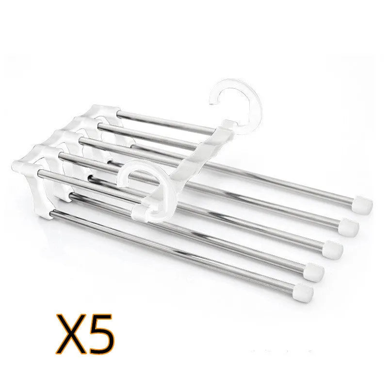 Black stainless steel five-boom trouser hanger showing level and vertical hanging options.