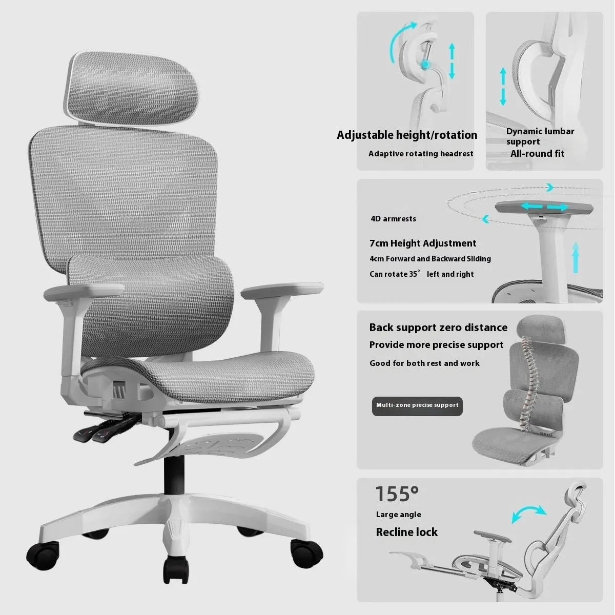 Ergonomic gaming chair with black frame, mesh seat, 4D adjustable armrests, and footrest on a neutral background