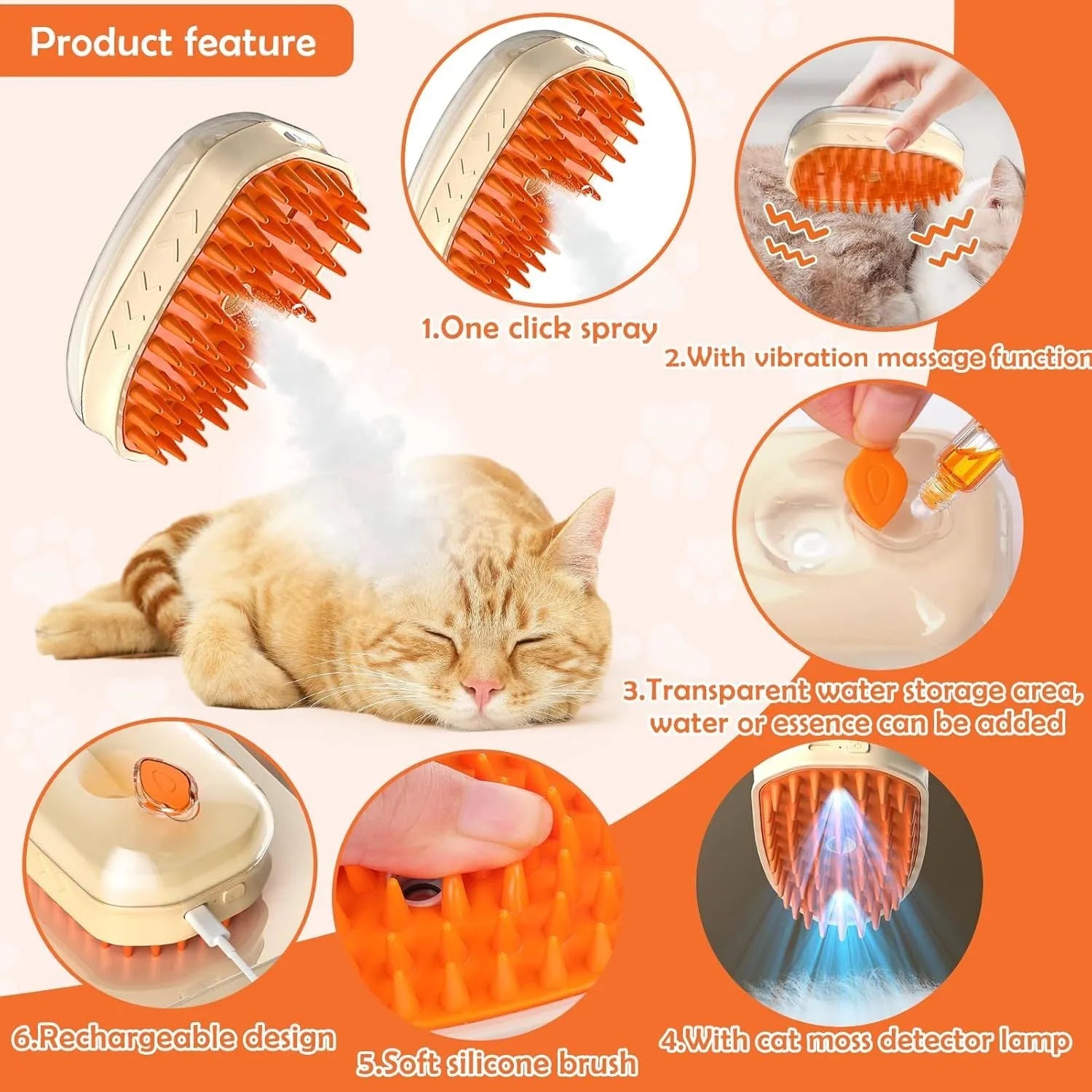 Yellow 4-in-1 cat steam brush with silicone bristles, water tank, and ringworm detector lamp.