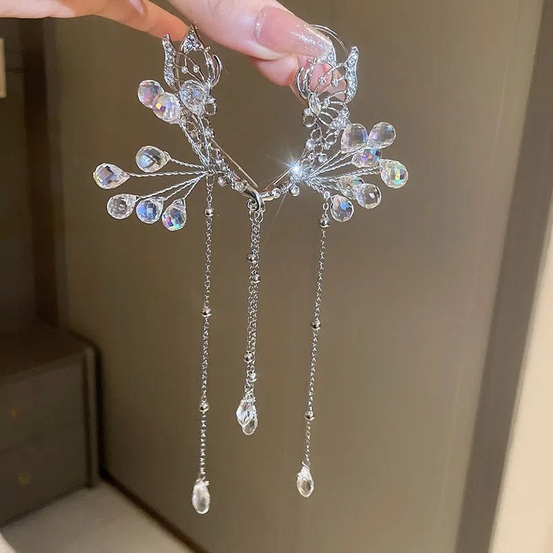 No pierced silver butterfly crystal tassel ear hanging on alloy clip-on for women