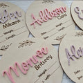 15x15cm square wooden plaque for baby name and birth information display in a nursery