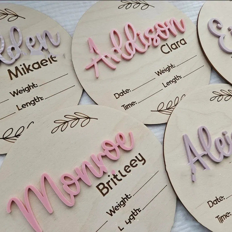 15x15cm square wooden plaque for baby name and birth information display in a nursery