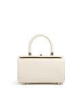 Women's leather crossbody bag in clamshell design showing internal phone and file pockets.