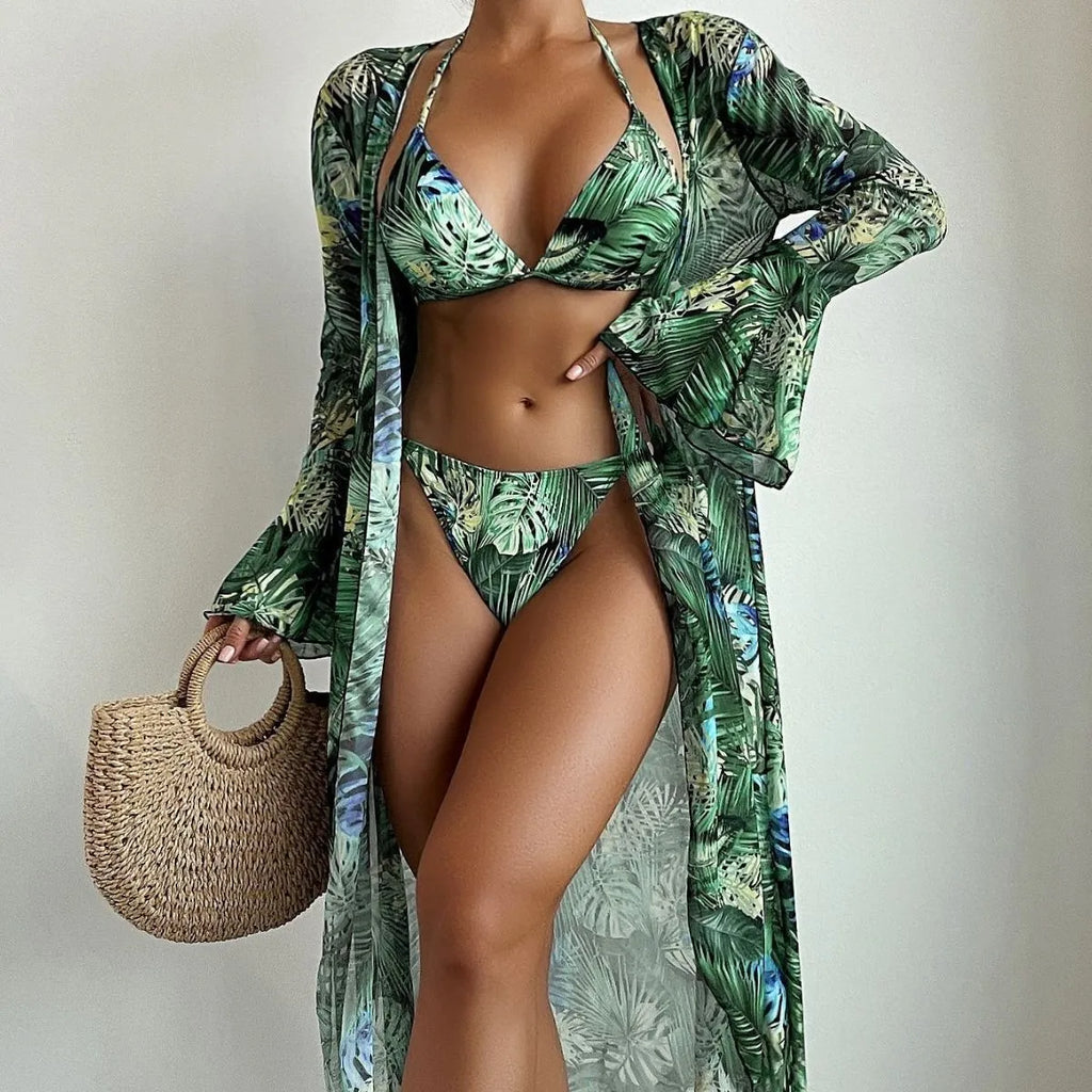 European and American printed three-piece swimsuit set with coat, top, and shorts in blue flower and green flower options.